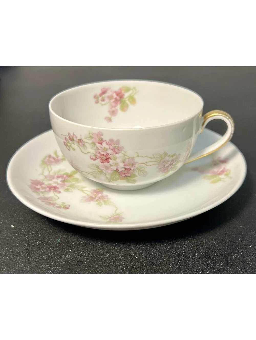 O&EG Royal Austria 1900s Roses Pink Floral Porcelain 8 Cups 7 Saucers Set